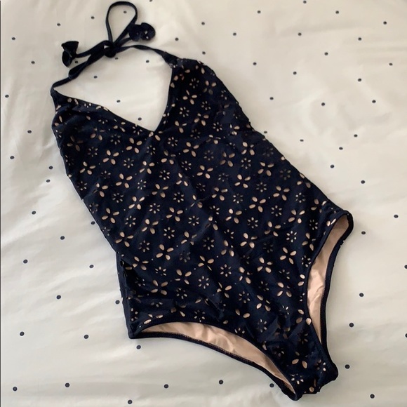 J. Crew Navy Eyelet Lasercut V-Neck Tie One Piece - Picture 4 of 8